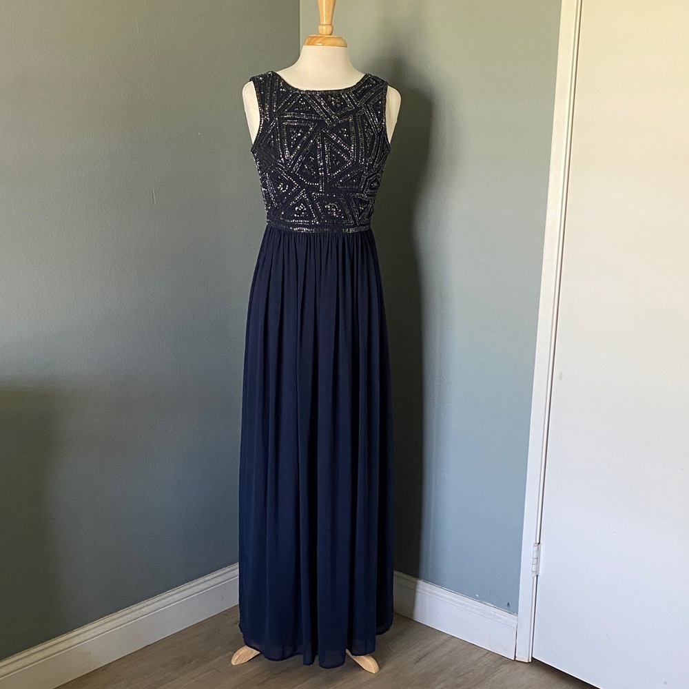 Adrianna Papell Navy Beaded Maxi Dress